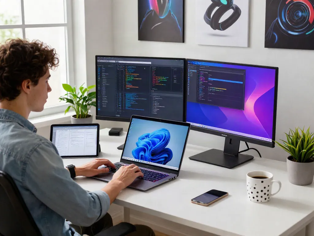 Windows 11 Home Benutzer in einem modernen Büro mit Laptop und Pflanzen.
