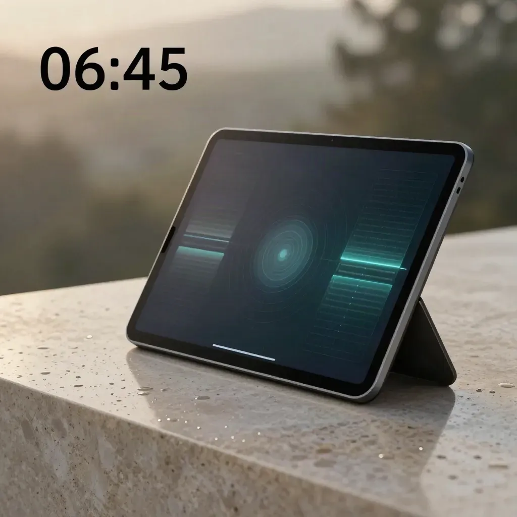 Markt-Radar-Tablet auf Kalkstein mit Daten-Tiles und Papierhülse im Morgenlicht