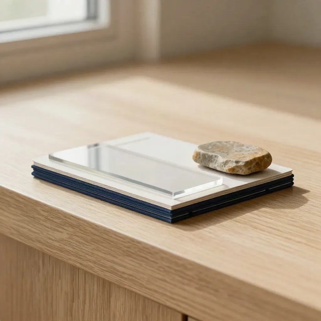 Nahaufnahme eines Starter-Bundles aus Papierboard, Acryl und Stein auf hellem Holz