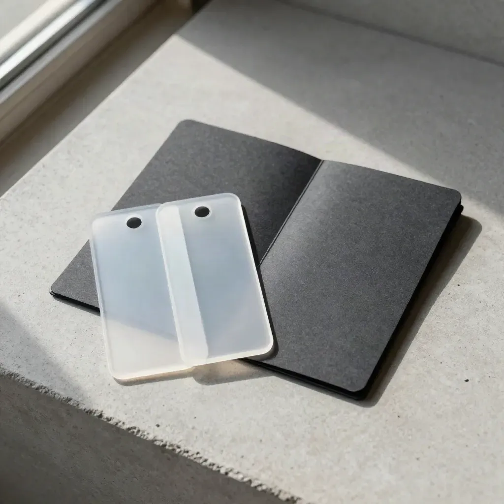 Overhead-Flachlay mit zwei leuchtenden Resin-Tabs und dunkler Kartenhülle auf Beton.